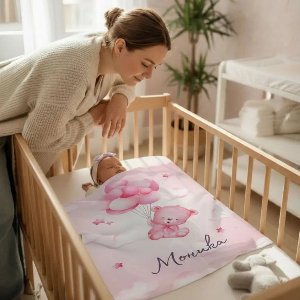 Розово Мече с Име - Одеялце за Момиченце