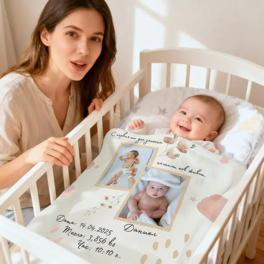 Бебешко Одеяло - с 2 Снимки, Име, дата и тегло