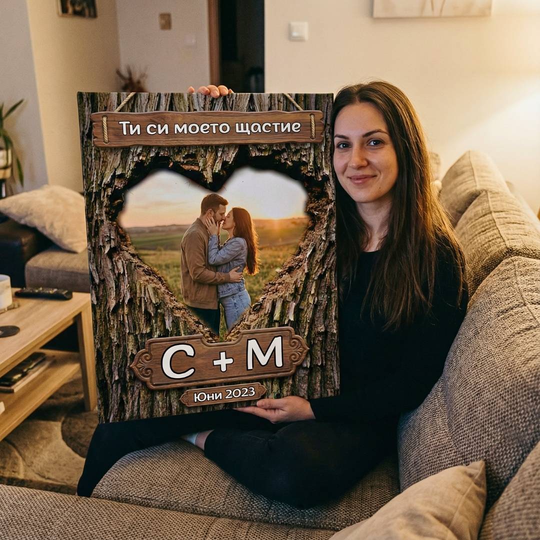 Картина за Влюбени - Снимка, Инициали и дата в Дърво