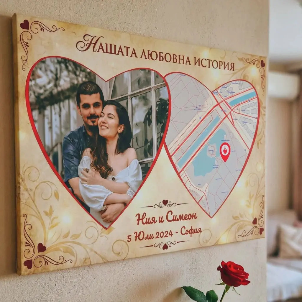 Картина с GPS Локация на 1-та ви Среща/Целувка и Снимка