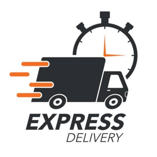 Express delivery graphic featuring a delivery truck and a clock, emphasizing speed and efficiency.