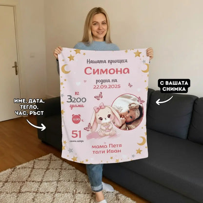 Одеялце за Момиченце със Снимка, Име, Ръст, тегло и дата