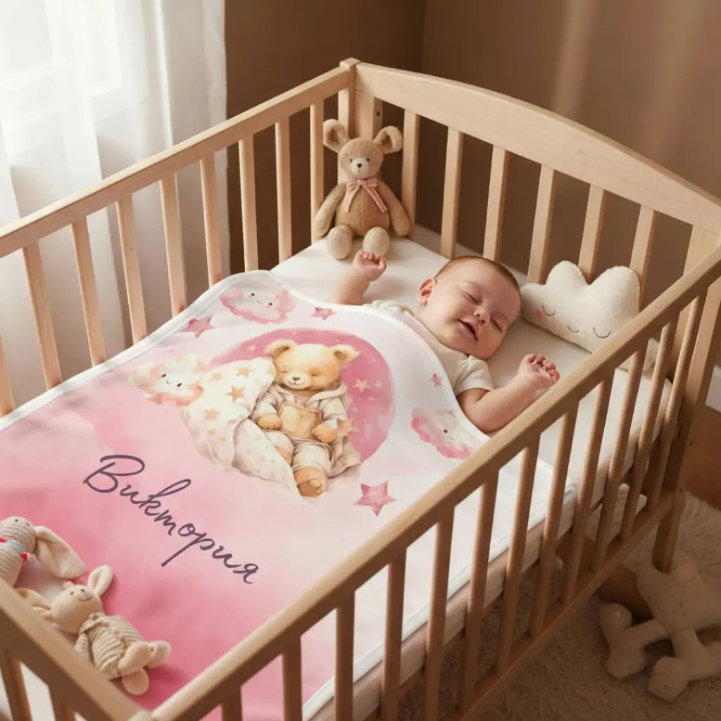 Розово Мече 2 с Име - Одеялце за Момиченце