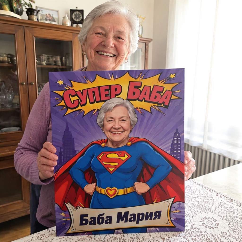 Картина 'Супер Баба' с Ваша снимка, име и текст