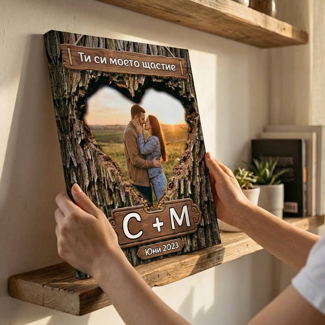 Картина за Влюбени - Снимка, Инициали и дата в Дърво