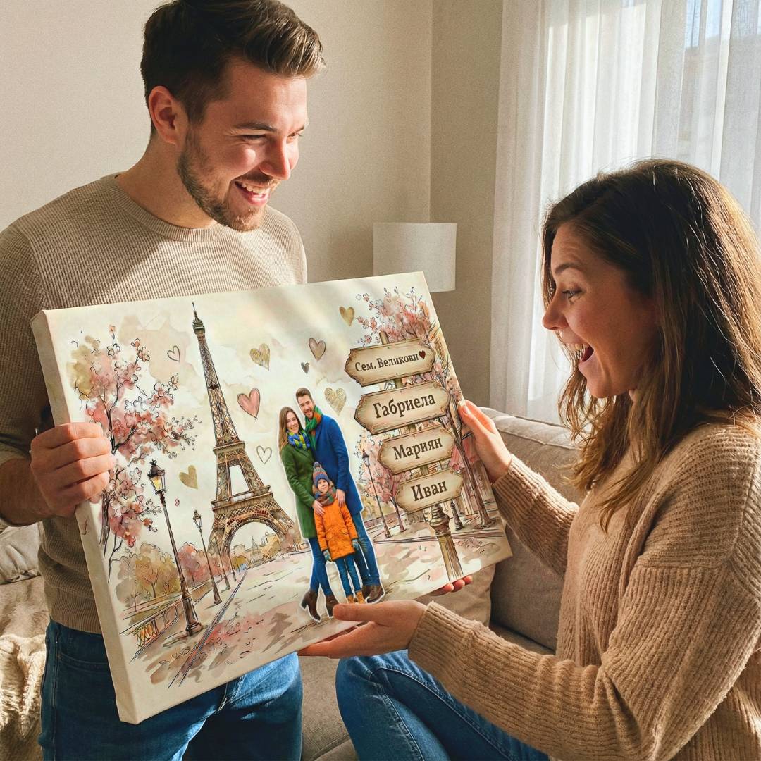 картина Париж с Айфеловата Кула | с Ваша Снимка (2-4 Имена)