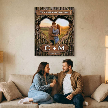 Картина за Влюбени - Снимка, Инициали и дата в Дърво
