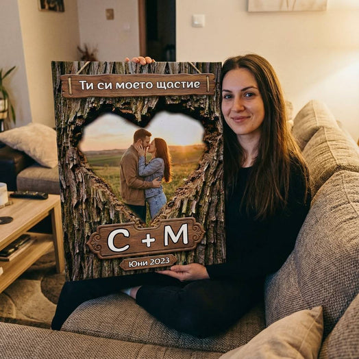 Картина за Влюбени - Снимка, Инициали и дата в Дърво