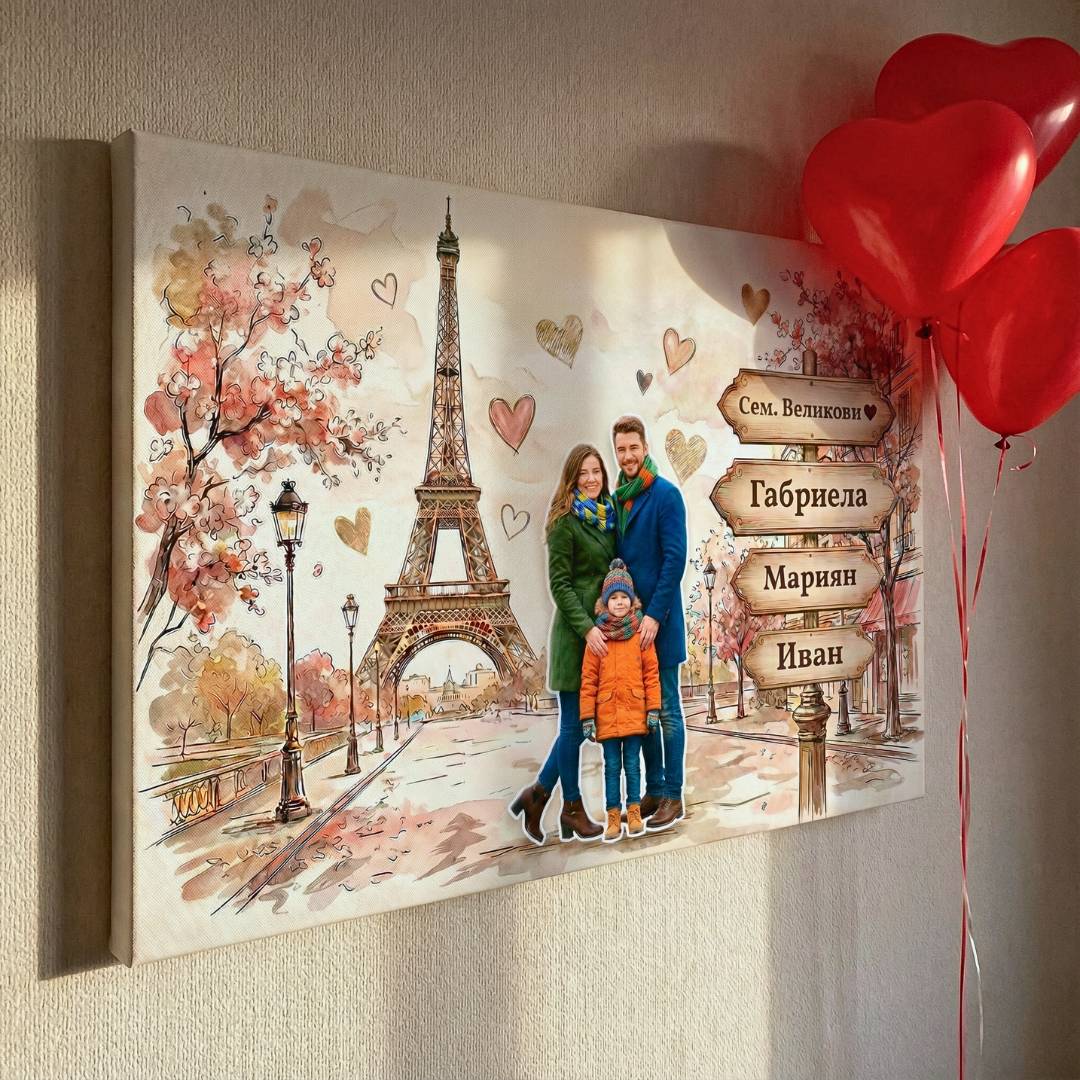 картина Париж с Айфеловата Кула | с Ваша Снимка (2-4 Имена)