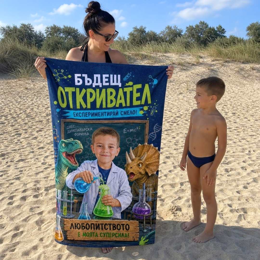 Малкият Откривател – детска плажна хавлия със снимка