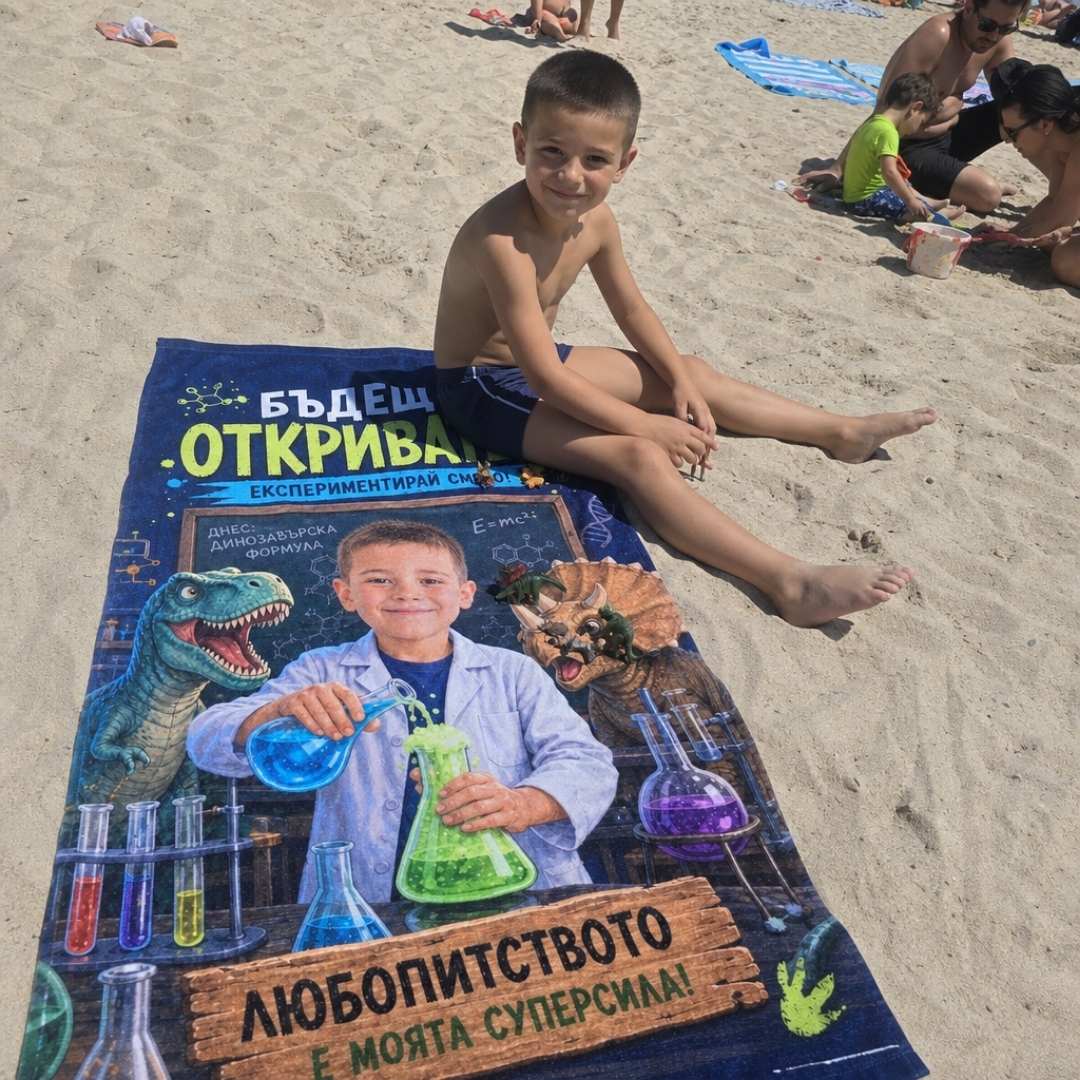 Малкият Откривател – детска плажна хавлия със снимка