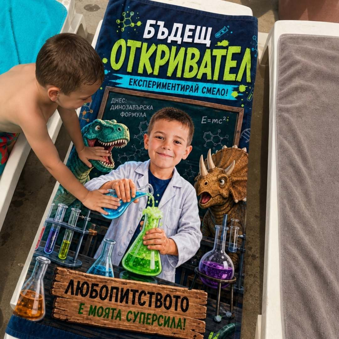 Малкият Откривател – детска плажна хавлия със снимка
