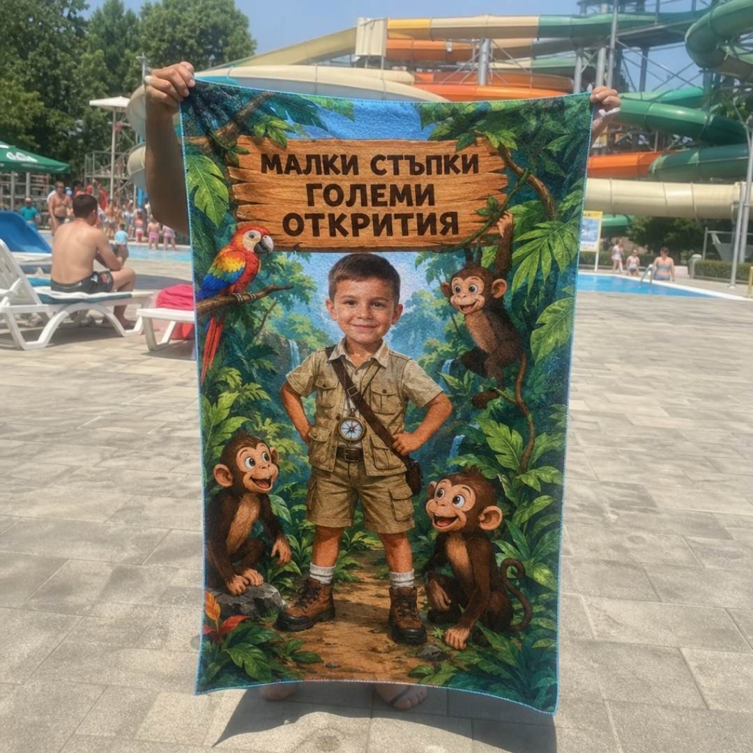 Изследовател на Джунглата – детска плажна хавлия със снимка