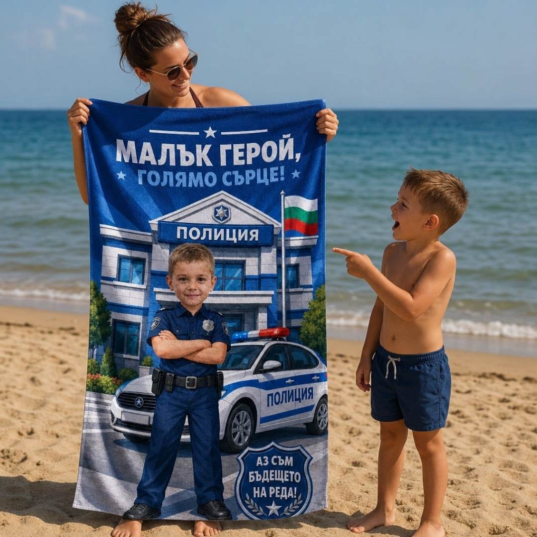 Малкият Полицай – детска плажна хавлия със снимка