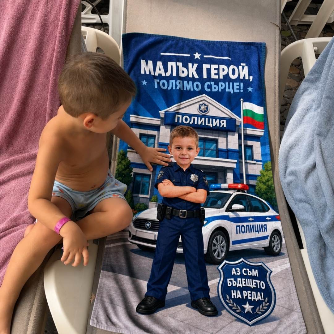 Малкият Полицай – детска плажна хавлия със снимка
