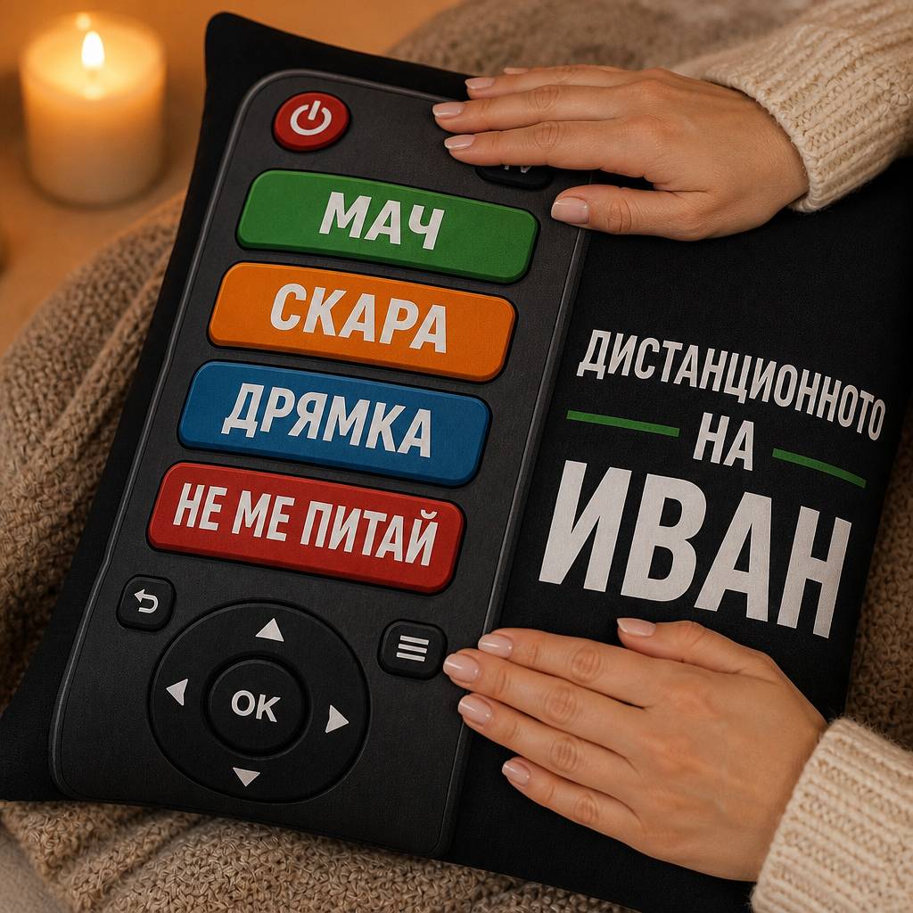 „Дистанционното на…" - Персонализирана възглавница с име