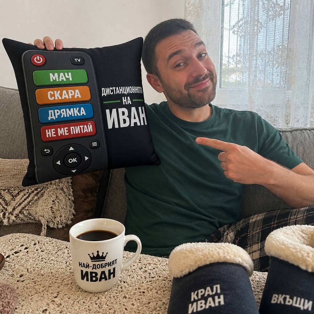 „Дистанционното на…" - Персонализирана възглавница с име