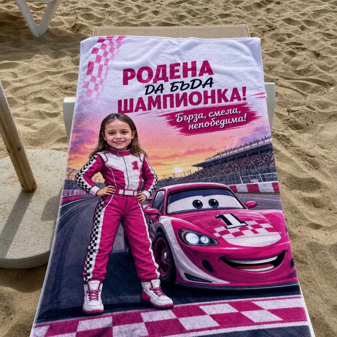 Родена Шампионка – детска плажна хавлия със снимка