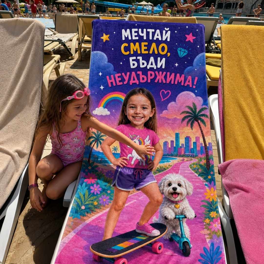 Неудържима – детска плажна хавлия със снимка
