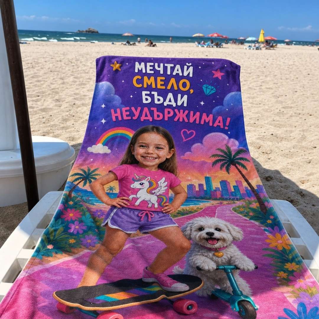 Неудържима – детска плажна хавлия със снимка