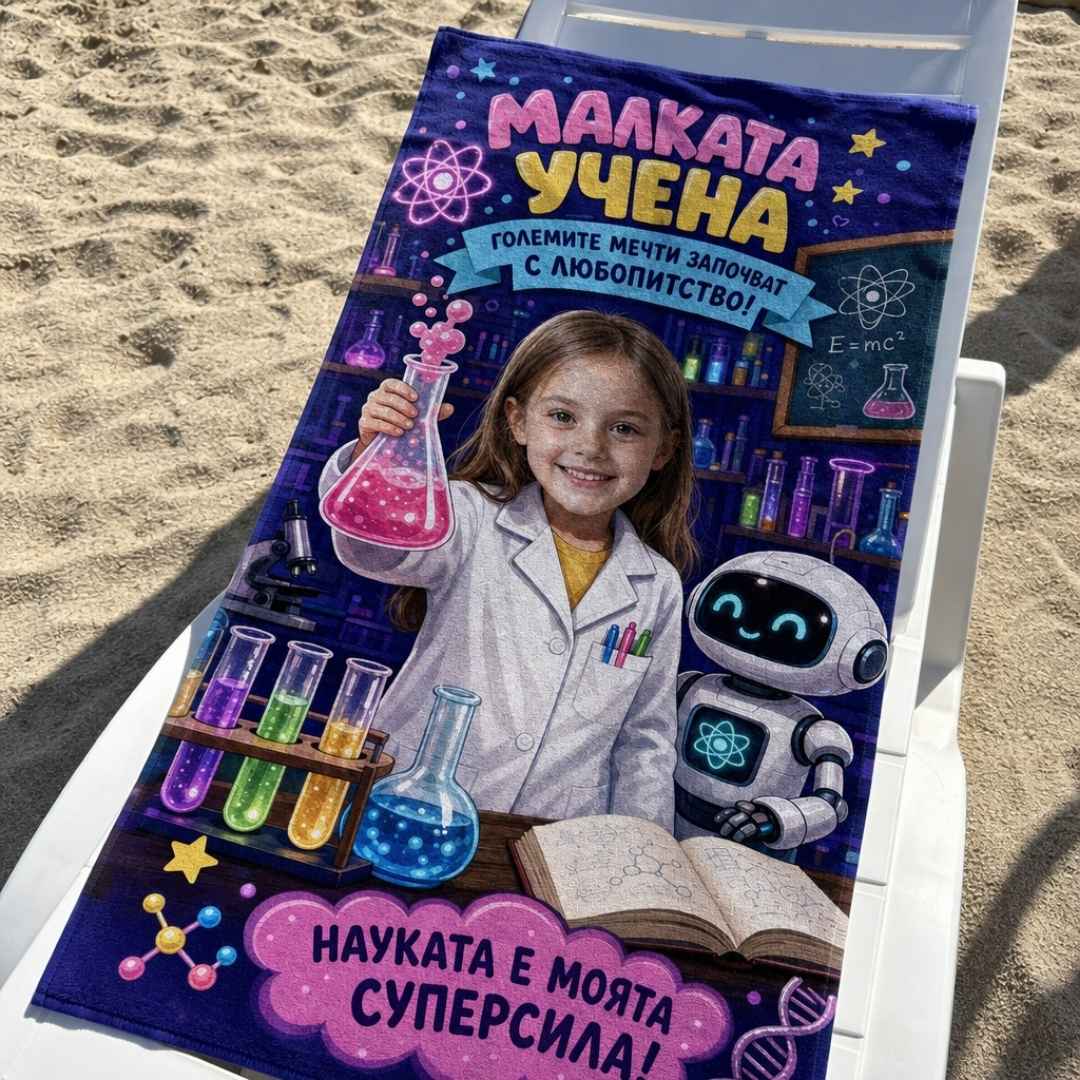 Малката Учена – детска плажна хавлия със снимка