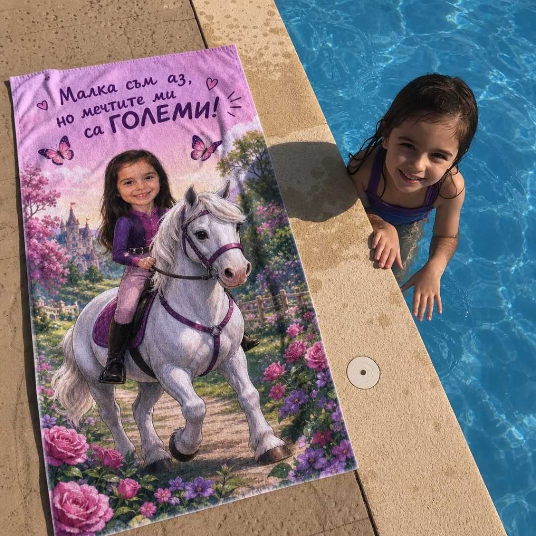 Малката Ездачка с Пони – детска плажна хавлия със снимка