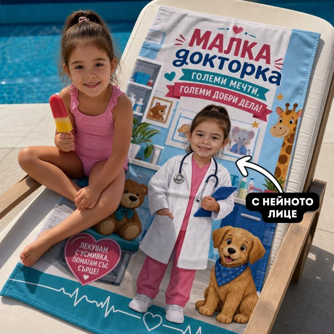 Малката Докторка – детска плажна хавлия със снимка