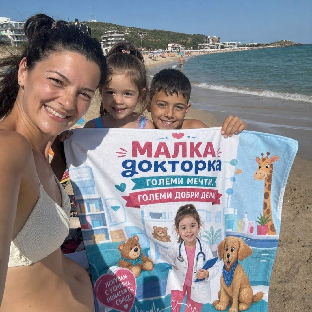 Малката Докторка – детска плажна хавлия със снимка