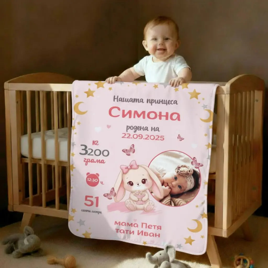 Одеялце за Момиченце със Снимка, Име, Ръст, тегло и дата