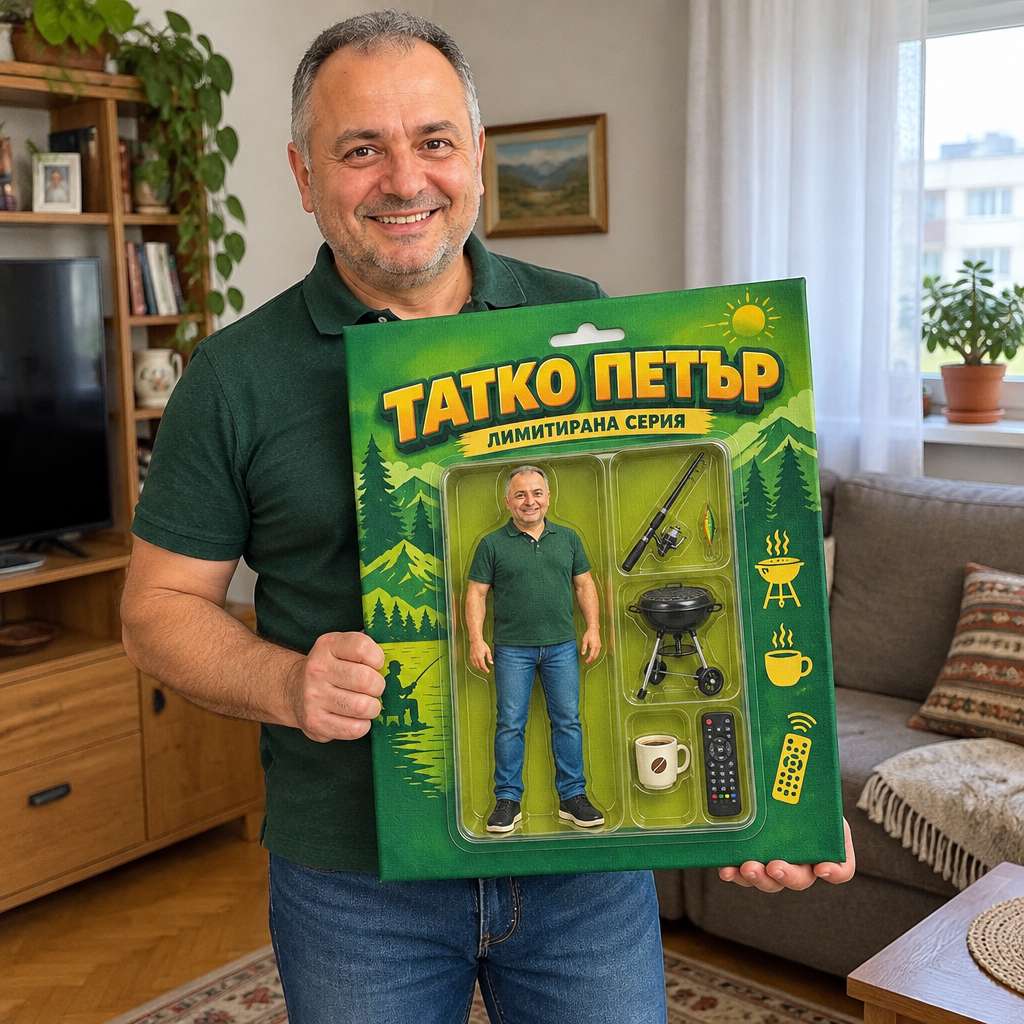Клиент държи AI картина на канава „екшън фигура в кутия“ у дома