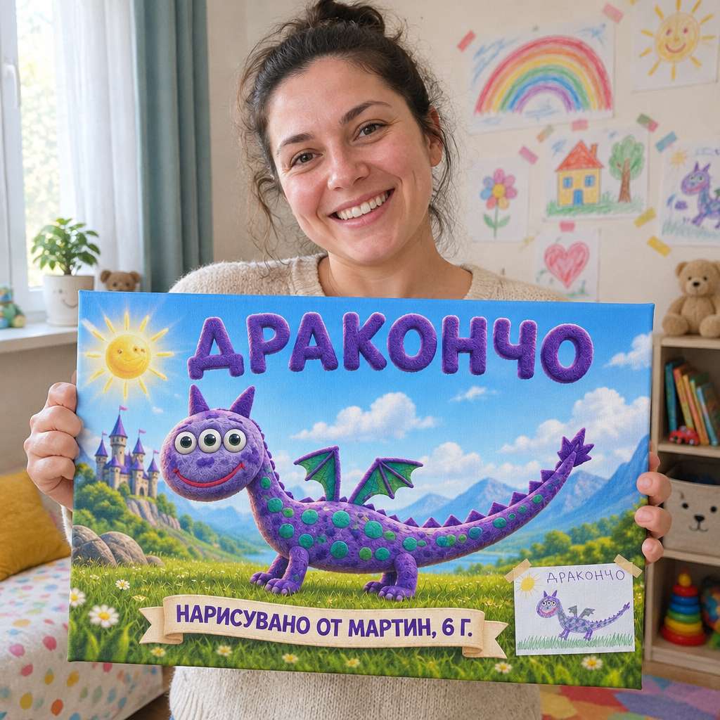 Клиент държи AI картина на канава „детската рисунка оживява“ у дома